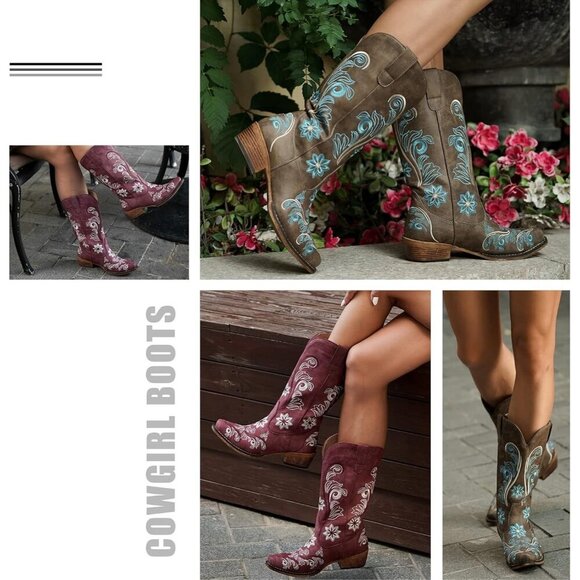 ⭐ IUV Women's Embroidered Cowboy Boots - Mid Calf Western Cowgirl Snip Toe Boots - Picture 4 of 6